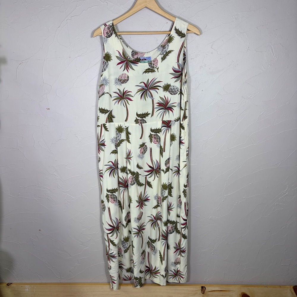Vintage Reyn Spooner Dress Womens L Hawaiian Palm Pineapple Rayon Maxi Tropical